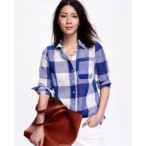 Old Navy Women’s Classic Semi Sheer Plaid Shirt Large Preppy Summer Work Career